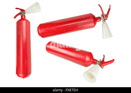 Viele Feuerlöscher isoliert auf weißem Hintergrund Stockfoto