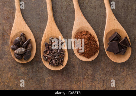 Kakao und dunkle Schokolade in Holzlöffel Stockfoto