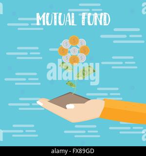 Investmentfonds Investitionen Hand wachsen Pflanzen Dollar Münze flache Vektorgrafik Stock Vektor