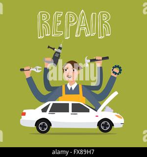 Mann Reparatur Auto Besitz Werkzeuge wichtige Hammer Gang Bohrmaschine Limousine Stock Vektor