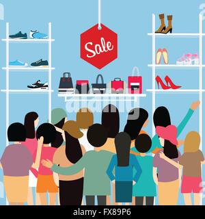 Menschenmenge Shop Verkauf Rabatt Schuhbeutel überfüllt shopping Mall-Vektor-Cartoon-illustration Stock Vektor