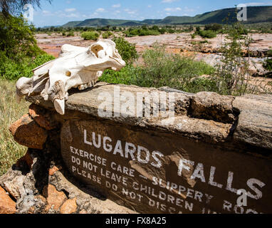 Ein Nilpferd Schädel sitzt auf dem Schild für Lugards fällt auf die Galana Fluss durch Tsavo East National Park in Kenia Stockfoto