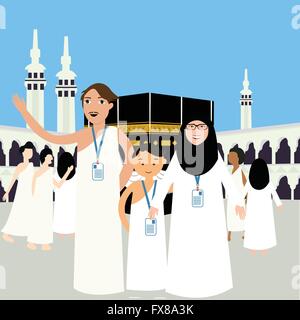 Familie Hadsch Hadsch Pilger Mann Vater Mutter Frau Kinder Islam Hijab Ihram Kleidung Vektor Illustration Mekka Kaaba Kabba kaba Stock Vektor