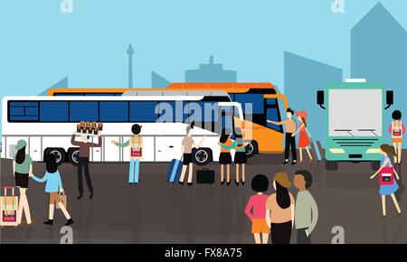 Bus Station Stop vielbeschäftigte Menge Verkehr Stadt Straße terminal Transfers Stock Vektor