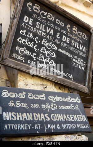 Sri Lanka, Kandy, Deva Vidiya, De Silva und De Silva Stadtbürger Rechtsanwälte Büro Zeichen Stockfoto