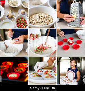 Collage von Rezept kochen vegetarische Ernährung Cupcakes in der Küche Stockfoto