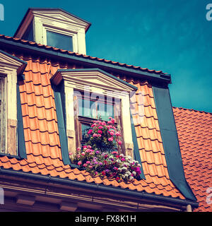 Fenster mit Blumenkasten in alten Garret Dach. Stockfoto