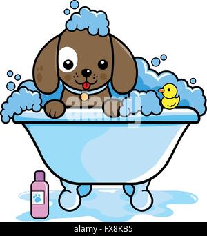 Ein Hund in einer Badewanne, der ein Schaumbad nimmt. Cartoon Hündchen im Friseursalon. Vektorabbildung Stock Vektor