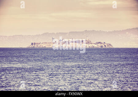Retro-altes Film stilisierte Bild der Insel Alcatraz, San Francisco, USA. Stockfoto