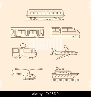 Transport-Ikonen der Straßenbahn, u-Bahn, Zug, Flugzeug, Hubschrauber, Schiff Stock Vektor
