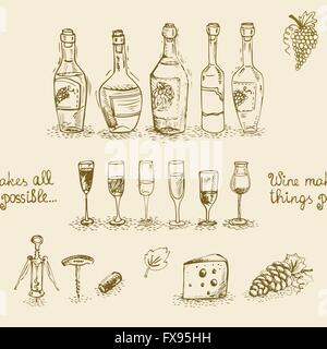 Satz von Wein in Flaschen und Gläser Stock Vektor