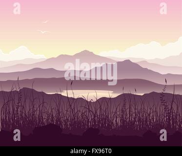 Berglandschaft mit Gras und riesigen See Stock Vektor