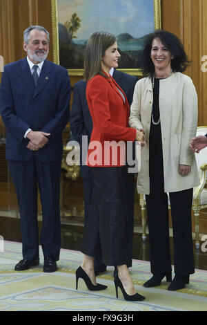 Madrid, Madrid, Spanien. 13. April 2016. Königin Letizia von Spanien besucht ein Publikum in den Vorstand des Vereins "Proyecto Hombre" am Palacio De La Zarzuela am 13. April 2016 in Madrid Credit: Jack Abuin/ZUMA Draht/Alamy Live News Stockfoto