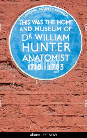 Eine blaue Plakette auf der Rückseite des Lyric Theatre in Great Windmill Street, das Haus und Museum der Anatom Dr. William Hunter. Stockfoto