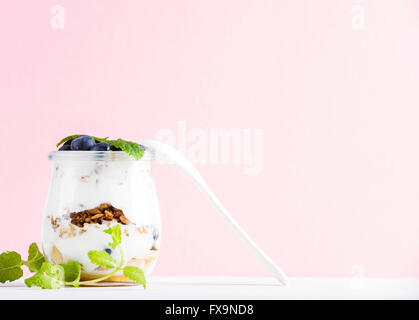 Joghurt und Hafer-Müsli mit Marmelade und Heidelbeeren im Glas jar auf Pastell rosa Hintergrund, Tiefenschärfe, Textfreiraum Stockfoto