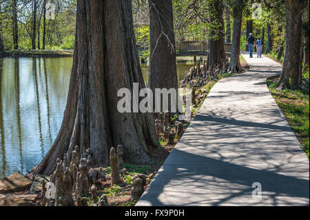 Älteres Paar halten die Hände auf einen gemütlichen Spaziergang rund um den See zu Ehren Heights Park in Muskogee, Oklahoma, USA. Stockfoto