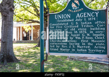 Historische Markierung der Union Agency im Five Civilized Tribes Museum in Muskogee, Oklahoma. (USA) Stockfoto