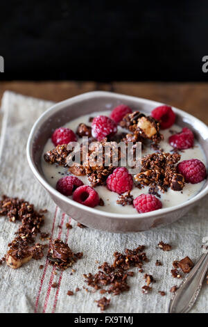 Hausgemachte Schokolade Müsli mit Samen und Nüssen, Himbeeren und Soja Milch in eine Schüssel geben Stockfoto