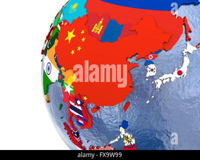 Politische Karte von Ostasien mit jedem Land vertreten durch ihre nationale Flagge. Stockfoto
