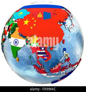 Politische Karte von Südost-Asien mit jedem Land vertreten durch ihre nationale Flagge. Isoliert auf weißem Hintergrund. Stockfoto