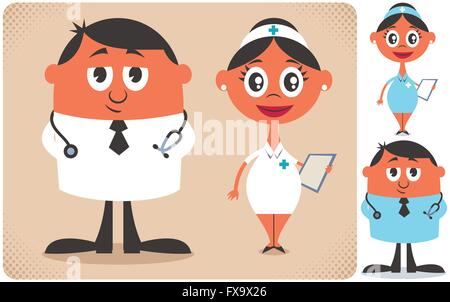Illustration von Cartoon Arzt und Krankenschwester in 2 Farbvarianten. Keine Transparenz und Farbverläufe verwendet. Stock Vektor