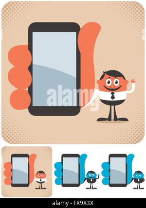 Geschäftsmann zeigt Ihnen auf seinem Smartphone. Die Abbildung ist in 4 Versionen. Stock Vektor