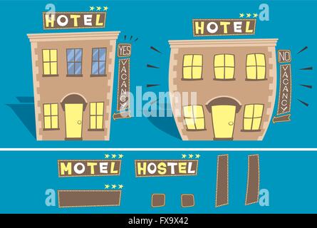 Comic-Illustration des kleinen Hotels in 2 Versionen: mit und ohne freie Zimmer. Stock Vektor