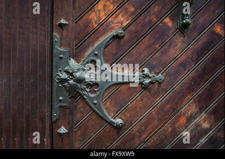 Element Metall Schuppen auf der Holztür Stockfoto