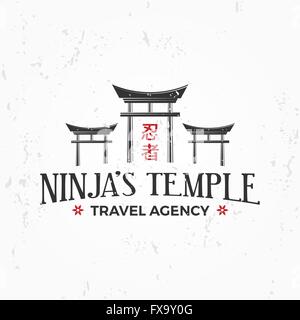 Vintage Japan-Tempel-Logo. Ninja Abzeichen Abzeichen Design. Martial Arts Team T-shirt Illustration Konzept auf Grunge Hintergrund Stock Vektor