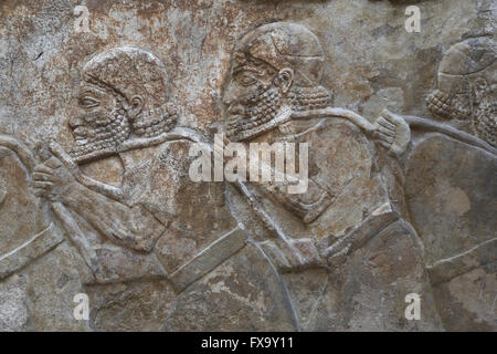 Platte. Transport von Holz (Zedern des Libanon). Männer sind eine Belastung mit einem Seil ziehen. Palast von Sargo II, Khorsabad. Stockfoto