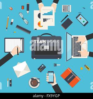 Vektor-Illustration von Business meeting, Kommunikation und brainstorming im flachen Stil. Icon-Set von Arbeitsaufgaben Fluss Unternehmen Stock Vektor