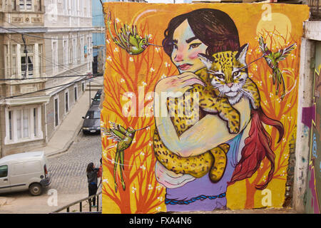 Häuser und Wände geschmückt mit Wandmalereien in der Küstenstadt von Valparaiso, Chile. Stockfoto