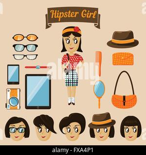 Hipster Charakter Elemente für Nerd-Frau Stock Vektor