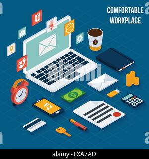 Arbeitsplatz Elemente isometrische Stock Vektor