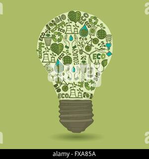 Glühbirne mit Skizze Ökologie und überflüssige icons Stock Vektor