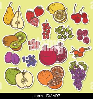 Fruits and berries sketch stickers colored Stock Vektor