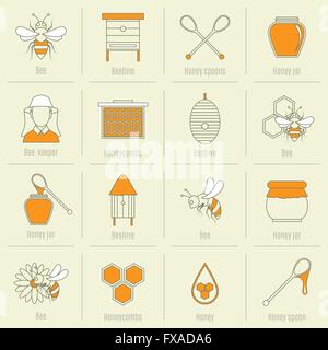 Biene Honig Symbole flache Linie Satz Stock Vektor
