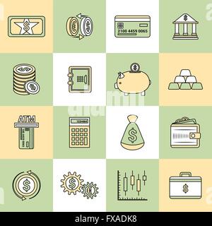 Geld Finanzen Ikonen flache Linie Stock Vektor