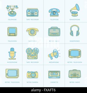 Retro-Medien flache Linie Symbole Stock Vektor