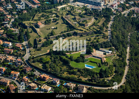 Luftaufnahme, mittelalterliche Festung Montjuic, Festung Girona, Girona, Costa Brava, Katalonien, Katalonien, Spanien, Europa, Luftbild, Stockfoto