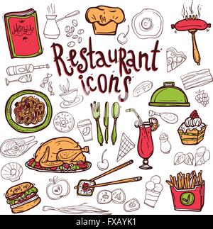Restaurant-Ikonen doodle Symbole Skizze Stock Vektor