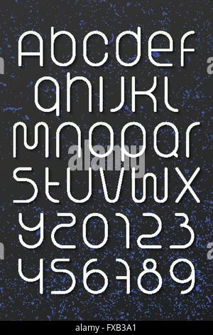 Satz von runden Stil Alphabet Buchstaben und Zahlen auf dunklem Hintergrund. Vektor-Font Schriftgestaltung. moderne, kommerzielle Schriftzug Symbol Stock Vektor