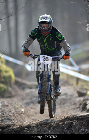 Blandford, Dorset, UK, 13. März 2016. Okeford Hill MTB DH. Zigmantas Jankauskas in Aktion auf der neu eröffneten Okeford Hill-bik Stockfoto