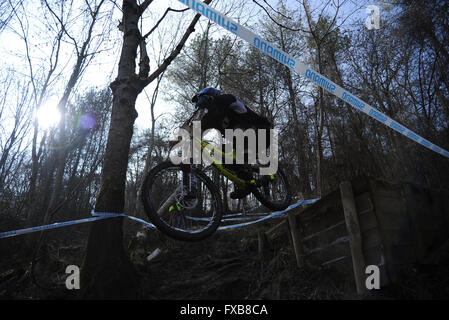 Blandford, Dorset, UK, 13. März 2016. Okeford Hill MTB DH. Aktion auf der neu eröffneten Okeford Hill-Bikepark in 2016 übe Stockfoto