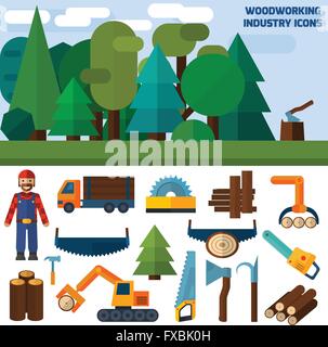 Holzverarbeitenden Industrie Ikonen Stock Vektor