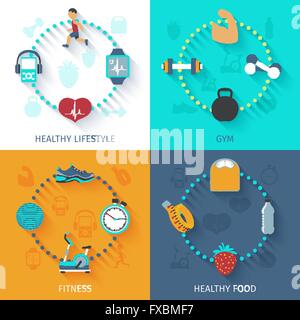 Fitness 4 flache Symbole quadratische banner Stock Vektor