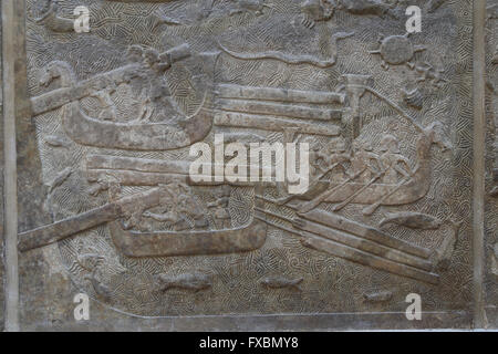 Slab.Transportation aus Holz (Zedern des Libanon, phönizische Zivilisation). Transportschiffe. Palast von Sargon II, Khorsabad. Stockfoto