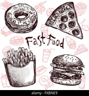 Fast-Food und Getränke sketch-Satz Stock Vektor