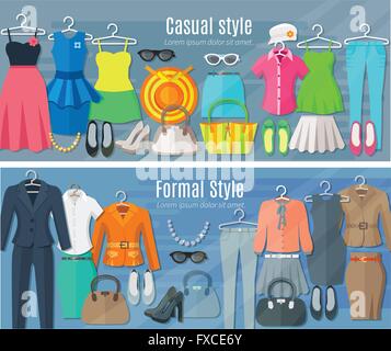 Horizontale Banner von formalen und Casual Woman Kleider Kollektion Stock Vektor