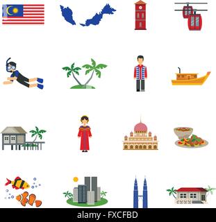 Malaysische Kultur Symbole flache Icons Set Stock Vektor
